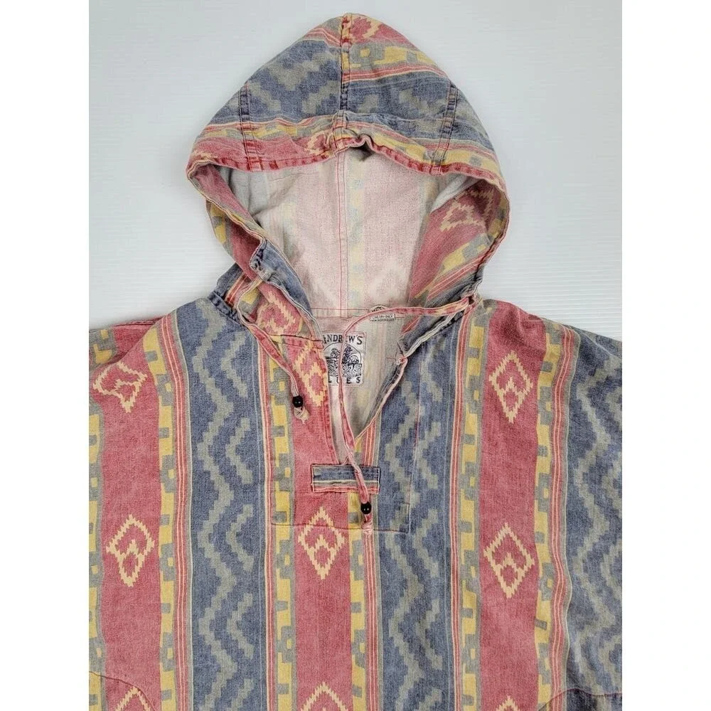 Vintage Retro Andrews Blues Aztec Southwestern Mens‎ Medium Baggy Hooded Sweater